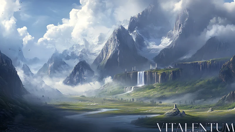 Mountain basin landscape with waterfalls and distant ruins.