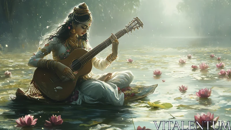 Serene lake goddess strums a gentle song among lotus blooms.