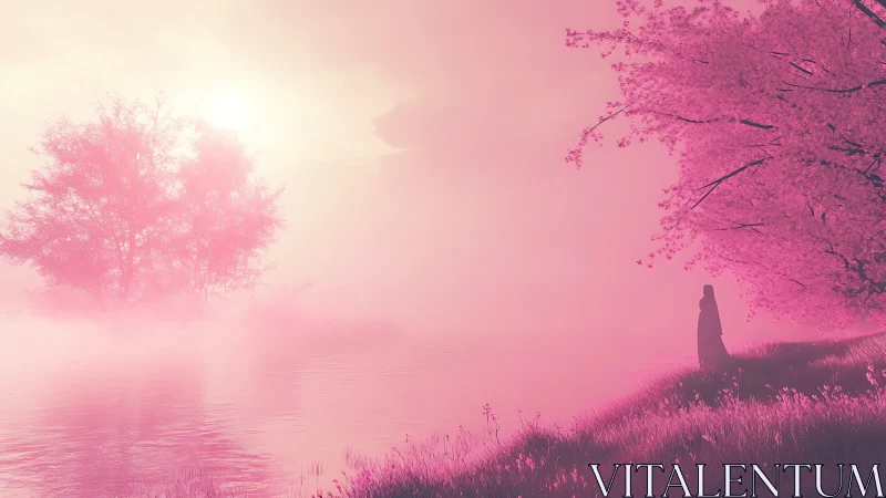 Figure stands by misty lakeshore under monochrome pink light