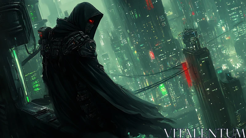 Cyberpunk assassin overlooks neon-drenched megacity skyline.