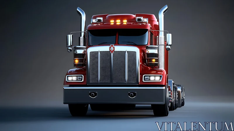 Bold red semi truck shining with chrome and quiet confidence.