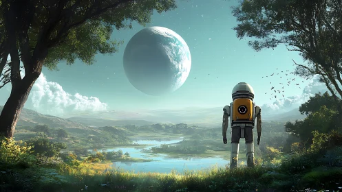 Wanderer in a gentle alien valley under a watching world.