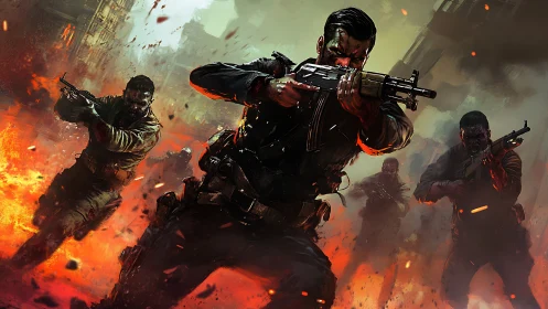 Frontline assault in burning warzone, dynamic battle scene.