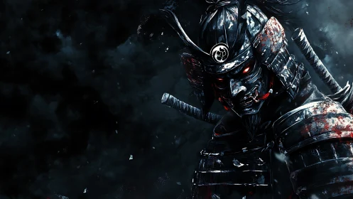 Armored demon samurai glares from swirling midnight storm.