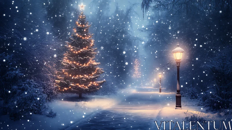 Snow-covered park path with lit tree and lampposts at night.