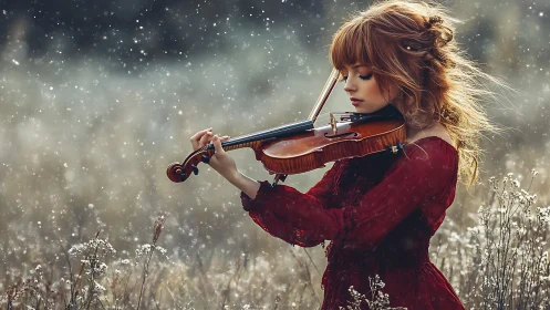 Violinist in crimson dress plays softly through falling snow.