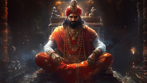 Regal Indian monarch sits enthroned in dim, ember‑lit temple