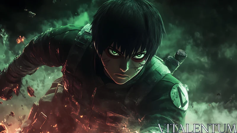 Fierce anime warrior surging through glowing green chaos.