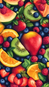 Vibrant sliced summer fruits form dense colorful pattern.
