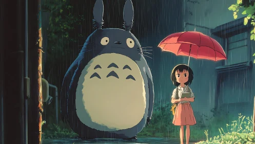 Girl with red umbrella stands beside large creature in rain