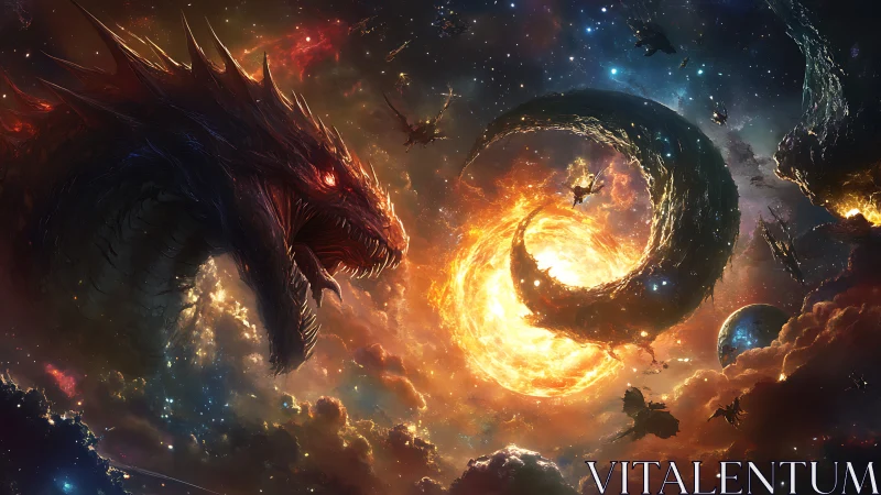 Cosmic dragon facing crescent entity near stellar vortex.