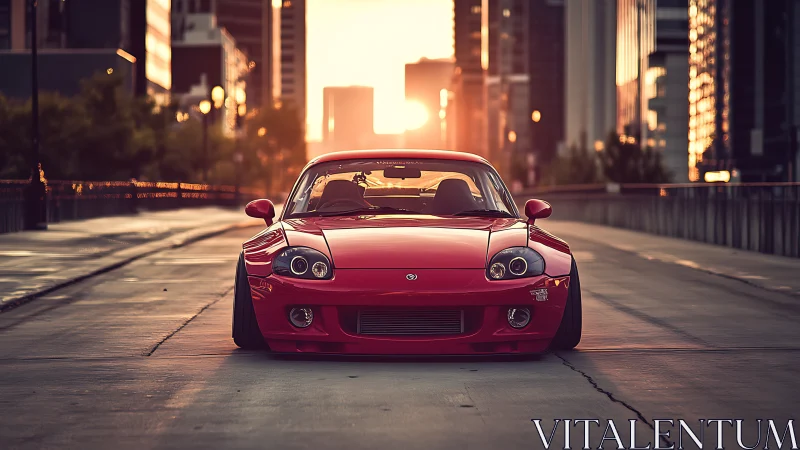 Red modified sports car on empty downtown street at sunset.