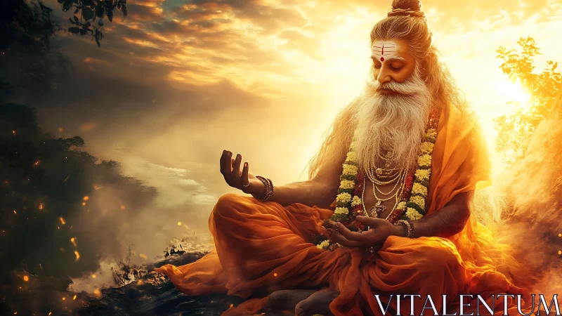 Golden light embraces a serene sage in deep meditation