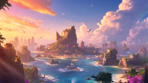 Luminous Archipelago at Sunset: Digital Landscape with Towering Rock Formations