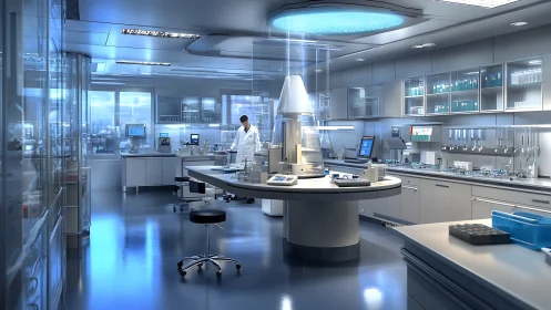 High tech laboratory interior with scientist at workstation.