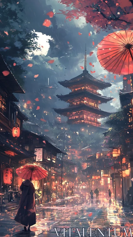 Rainy night street scene beneath illuminated pagoda tower