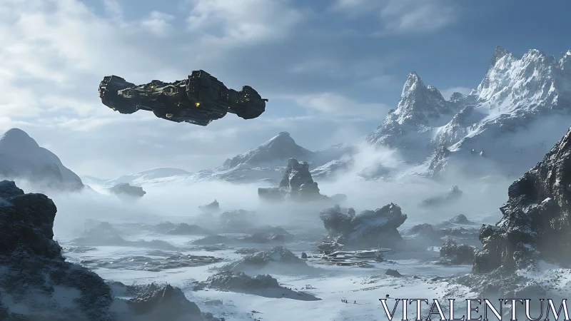 Armored starship crosses glacial valley in cinematic vantage
