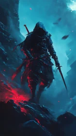 Hooded bladewalker crossing ember cliffs in frozen dusk.