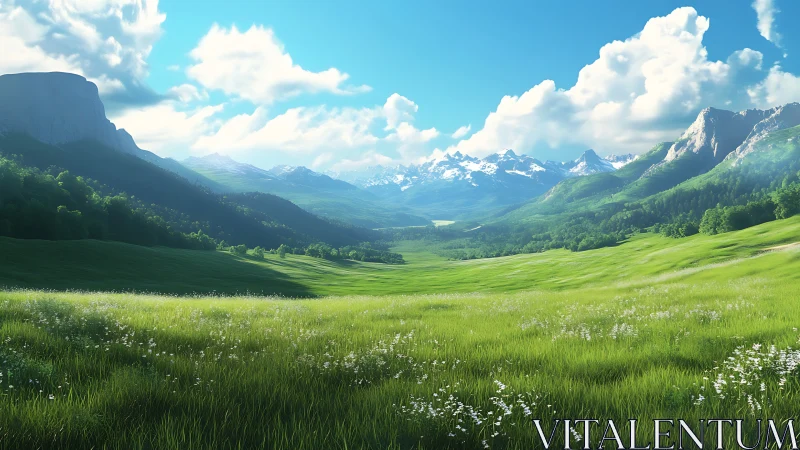 Parametric alpine valley panorama under volumetric daylight.