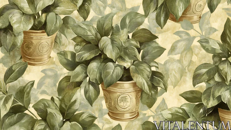 Potted green leaves in soft vintage garden wallpaper pattern.