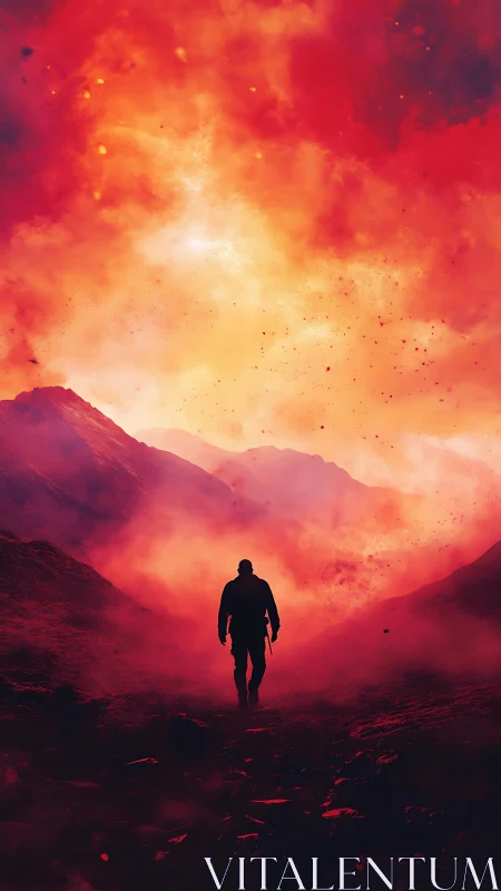 Solitary figure stands silhouetted against explosive volcanic eruption.