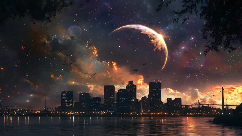 Cosmic crescent skyline over reflective twilit waterfront.