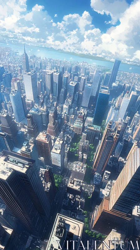 Sunlit skyscrapers rise above a bustling riverside city