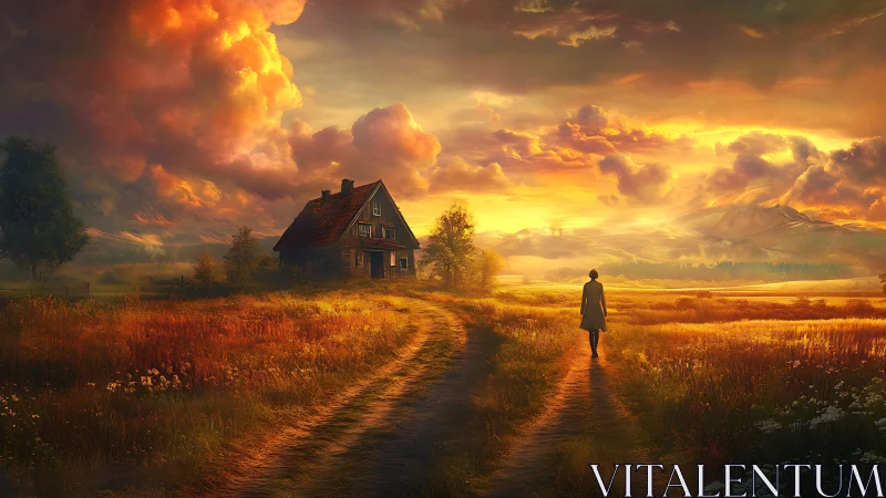 Sunset walk along country path toward rustic farmhouse.