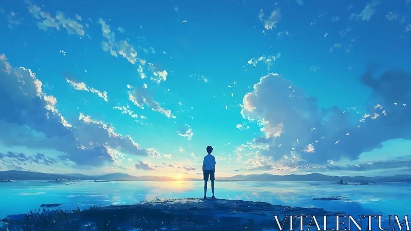 Quiet shoreline sunrise with a hopeful young dreamer.