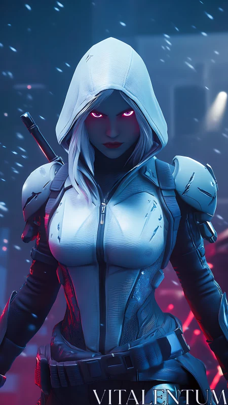 Neon-eyed winter assassin strides through frozen city fire.