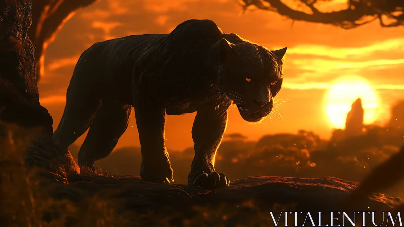 Black Leopard Stalking at Sunset.