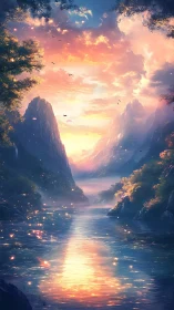 Luminescent river valley under radiant sunset cloudscape