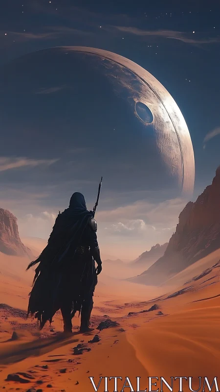 Desert nomad silhouetted against colossal ringed megastructure.