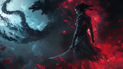 Digital painting of warrior confronting spectral dragon form.