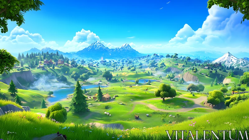 Digital landscape depicts stylized valley, rivers, and mountains.