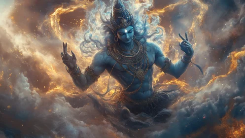 Celestial blue deity emerging through swirling luminous clouds