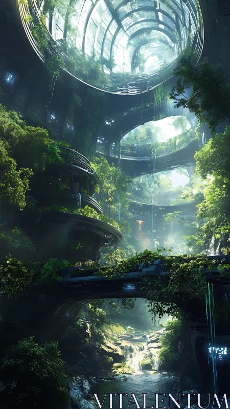 Ringed rainforest atrium cradling a hidden river sanctuary.