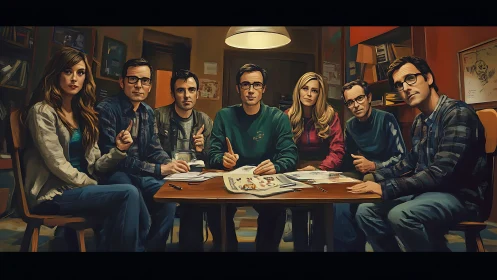 Creative team seated around table in warm studio light.