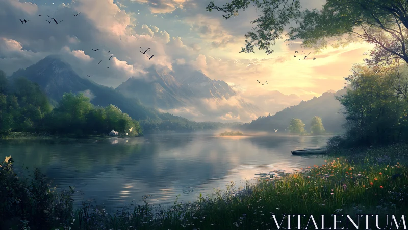 Mountain lake landscape shows still water, forest and clouds