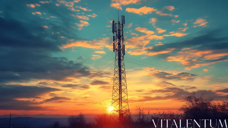 Cell tower structure against vivid rural sunset sky.