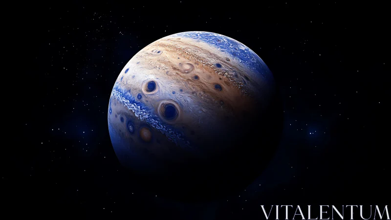 Gas giant planet with blue and brown storm bands in space