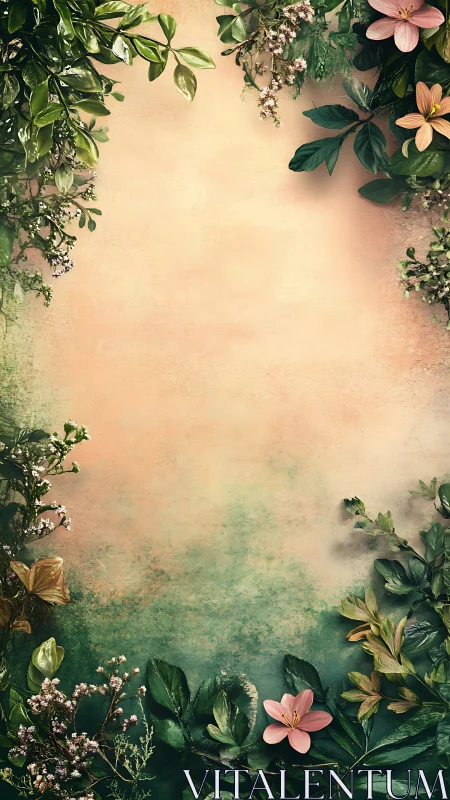 Botanical frame over peach green textured gradient background.