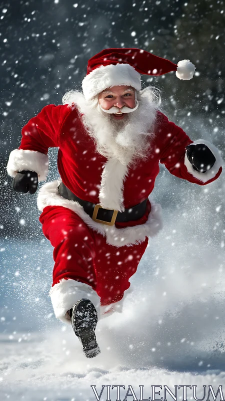 Santa Claus runs through deep snow under falling snowflakes