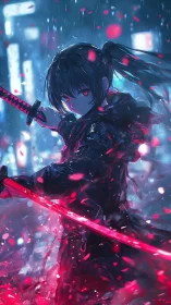 Neon city swordswoman with glowing crimson katana poised.