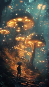 Bioluminescent mushroom forest with solitary small figure.