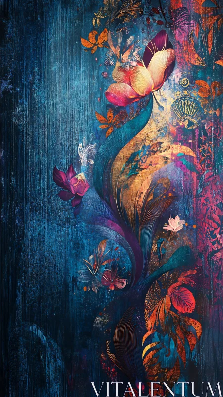 Vertical luminous florals on textured indigo abstraction.