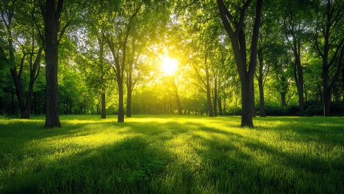 Sunlit Forest Clearing with Lush Greenery in Morning Light.