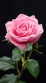 Pink rose in full bloom against plain black background.