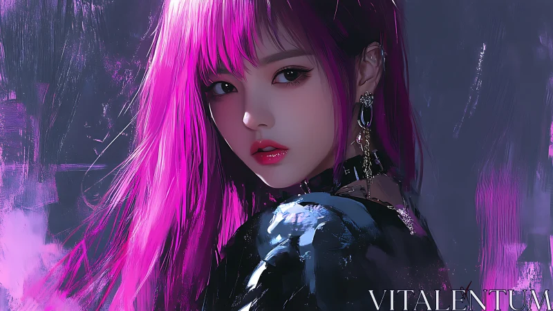 Digital portrait shows purple haired woman in reflective jacket