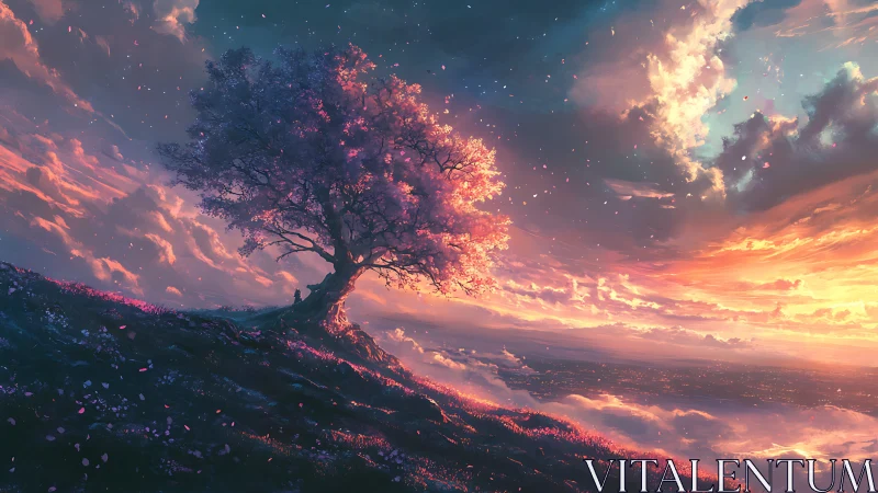 Solitary tree stands on sloped hillside above cloud-filled valley